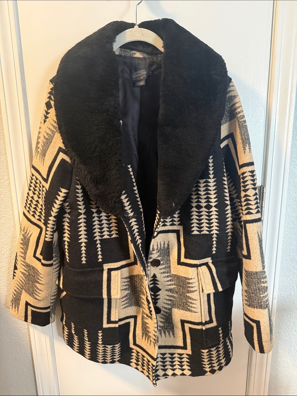 Pendleton Black and Cream Southwestern Peacoat with Plush Shawl Collar
